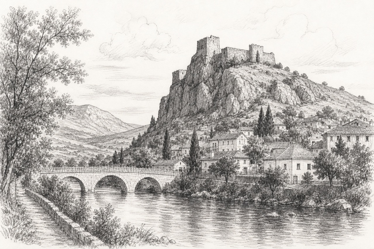 Hand-drawn pencil travel sketch for Vrlika, Croatia