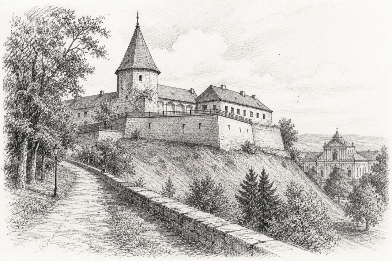 Hand-drawn pencil travel sketch for Vršac, Serbia