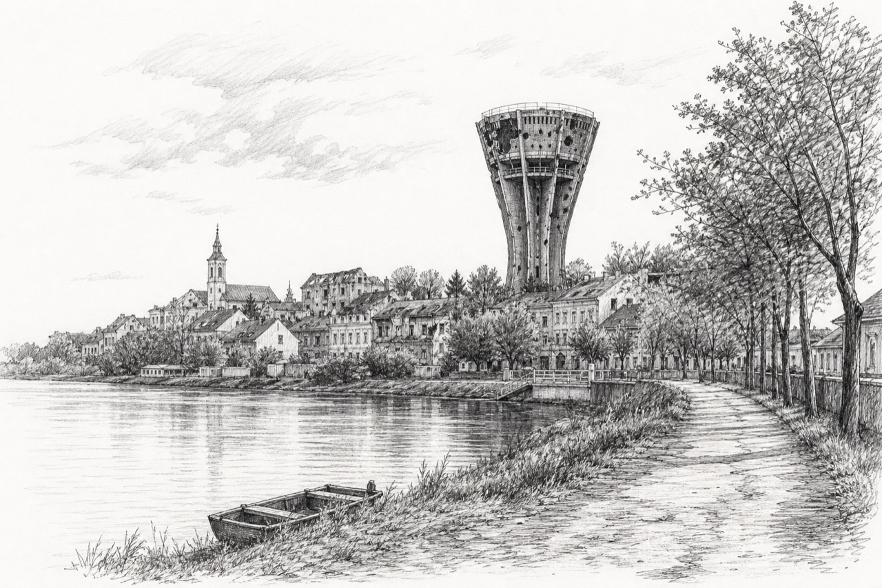 Hand-drawn pencil travel sketch for Vukovar, Croatia