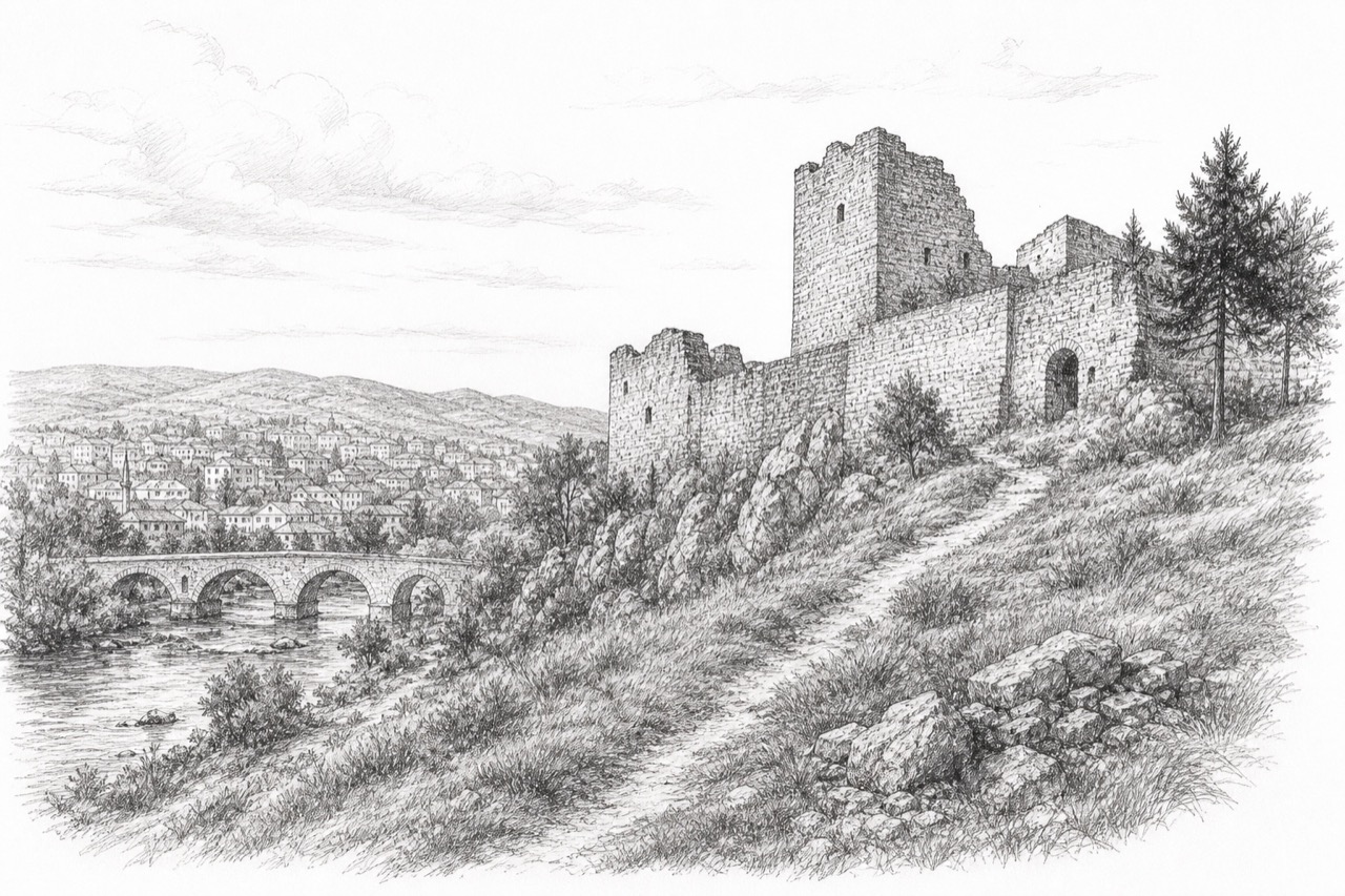 Hand-drawn pencil travel sketch for Vushtrri, Kosovo