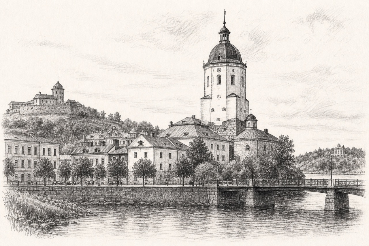 Hand-drawn pencil travel sketch for Vyborg, Russia
