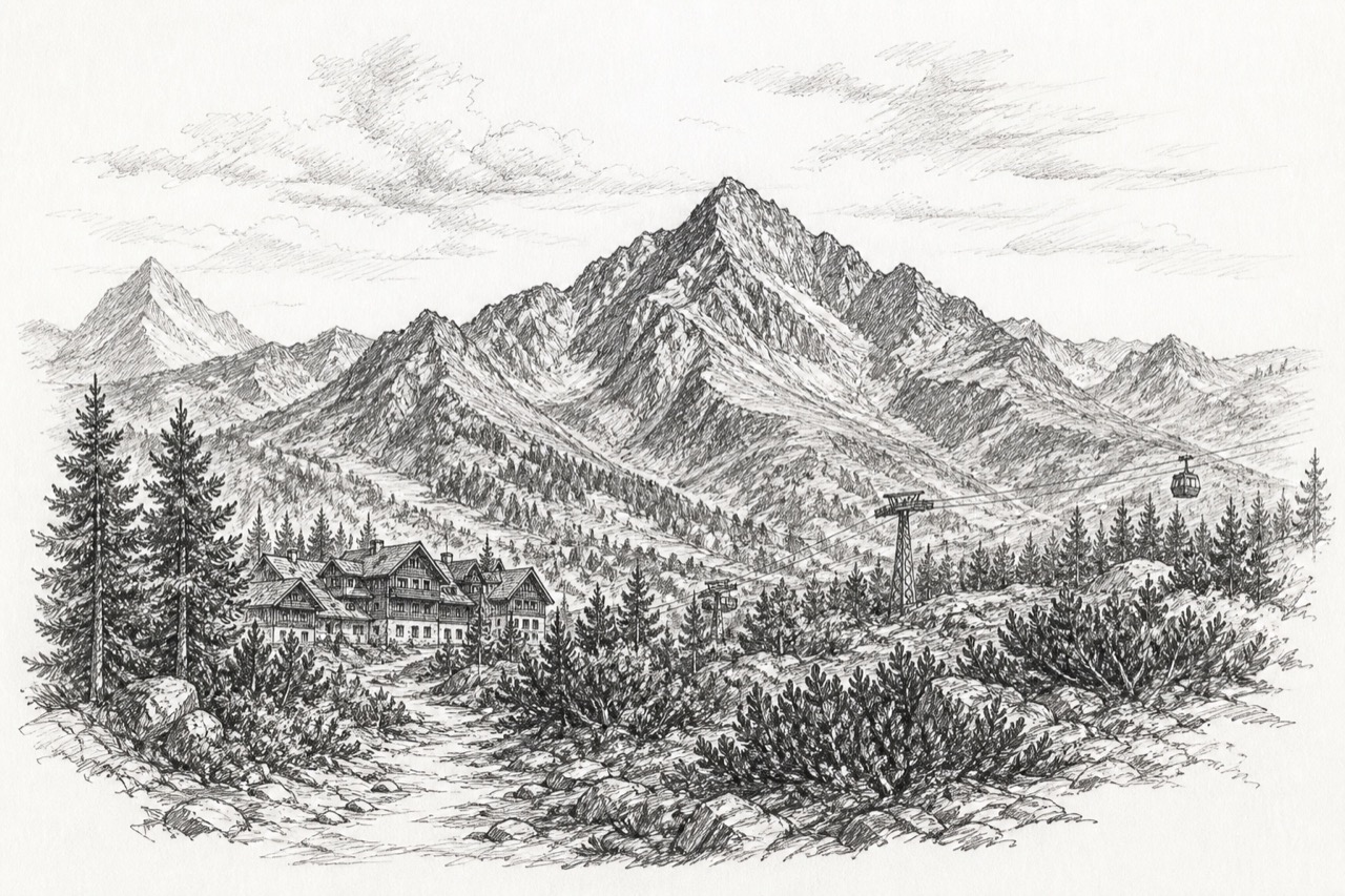 Hand-drawn pencil travel sketch for Vysoké Tatry, Slovakia