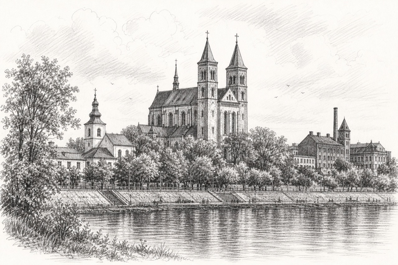 Hand-drawn pencil travel sketch for Włocławek, Poland