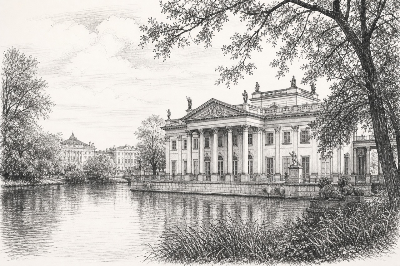 Hand-drawn pencil travel sketch for Warsaw, Poland