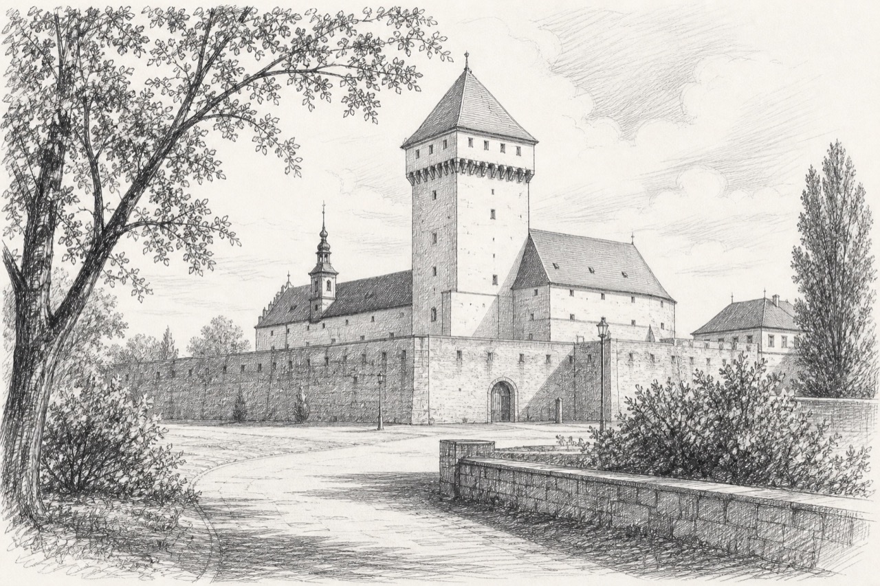 Hand-drawn pencil travel sketch for Wiener Neustadt, Austria