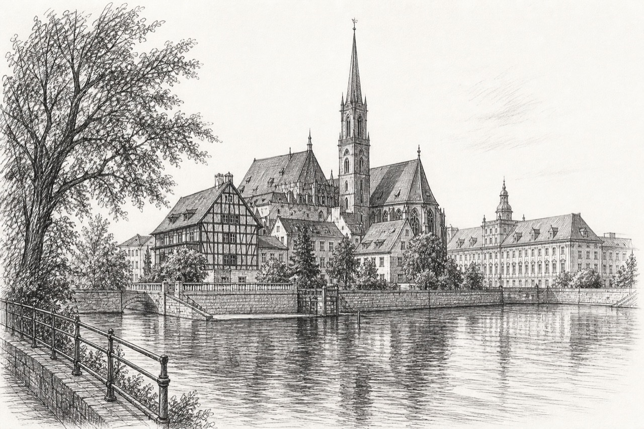Hand-drawn pencil travel sketch for Wrocław, Poland