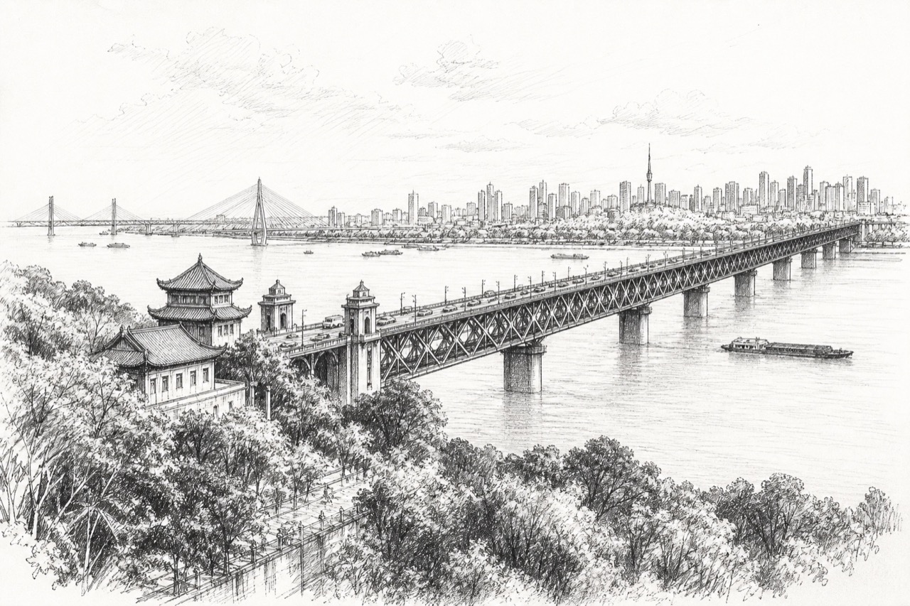 Hand-drawn pencil travel sketch for Wuhan, People's Republic of China