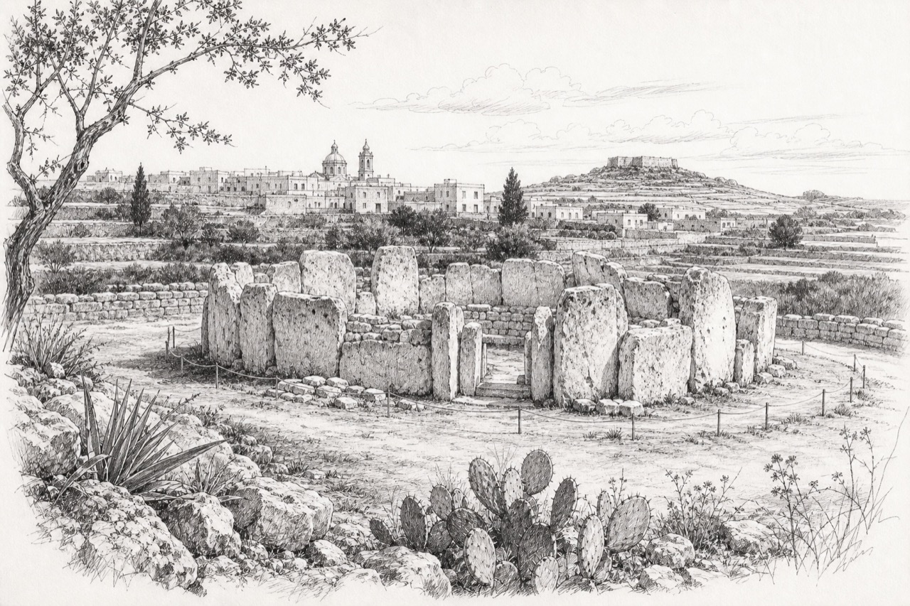 Hand-drawn pencil travel sketch for Xagħra, Malta