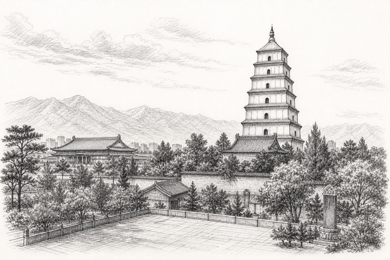 Hand-drawn pencil travel sketch for Xi'an, People's Republic of China
