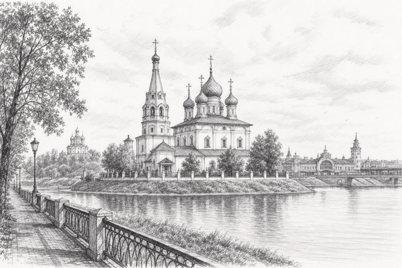 Hand-drawn pencil travel sketch for Yaroslavl, Russia