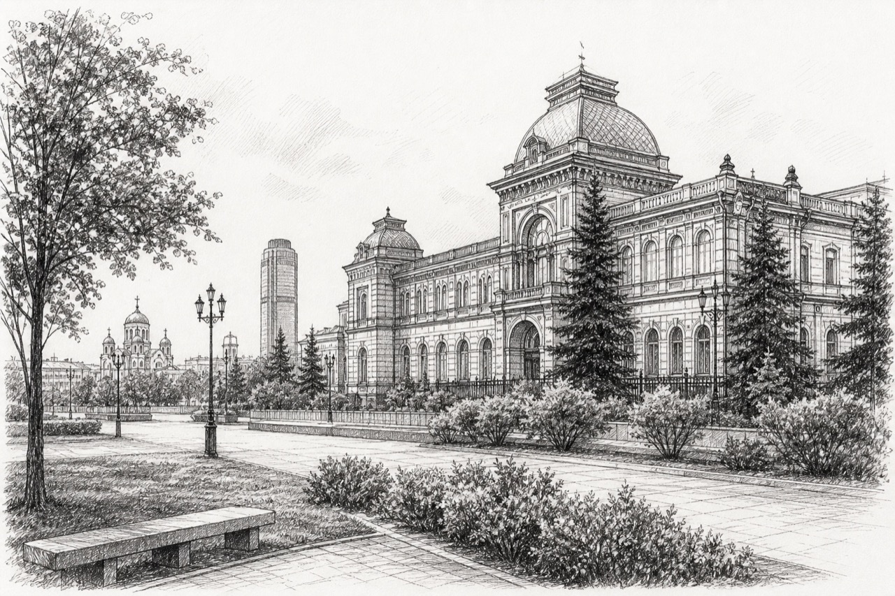 Hand-drawn pencil travel sketch for Yekaterinburg, Russia