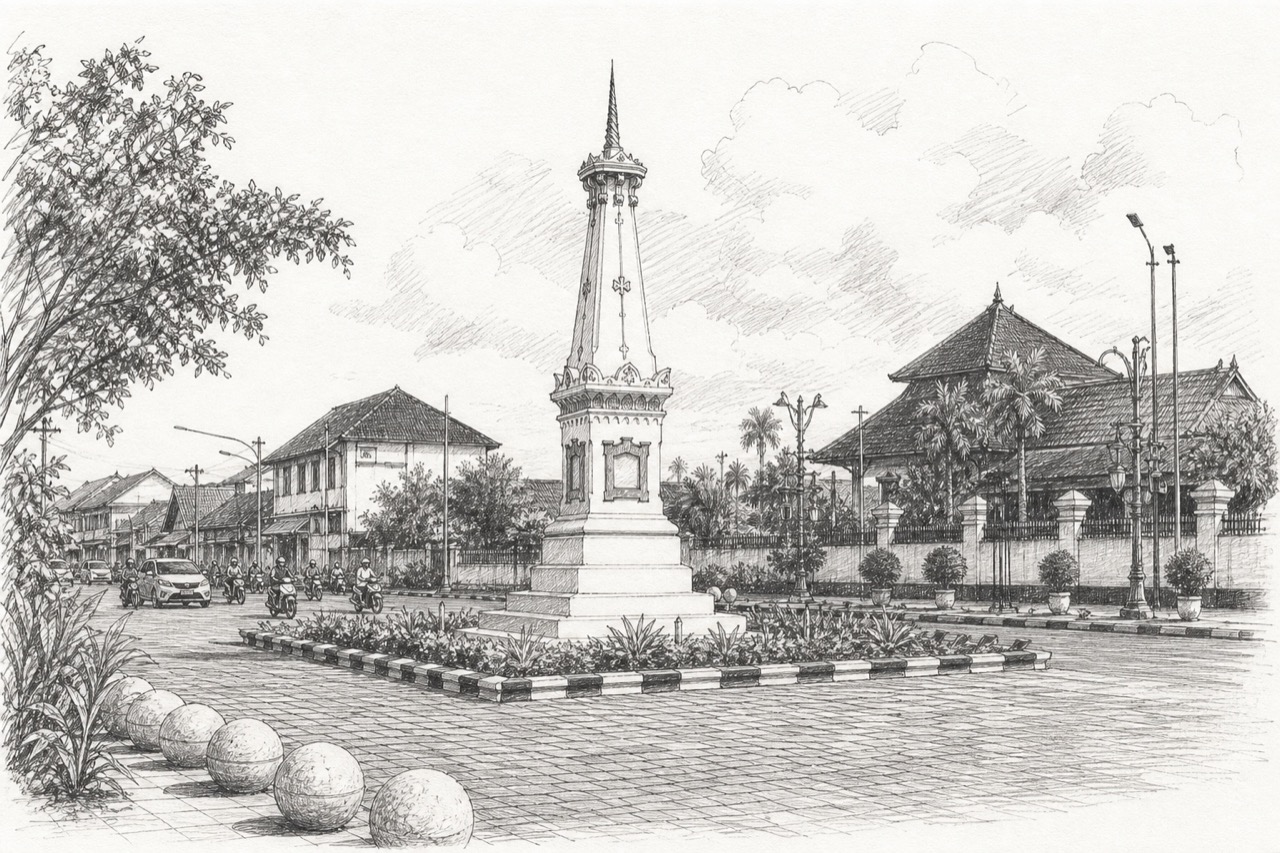Hand-drawn pencil travel sketch for Yogyakarta, Indonesia