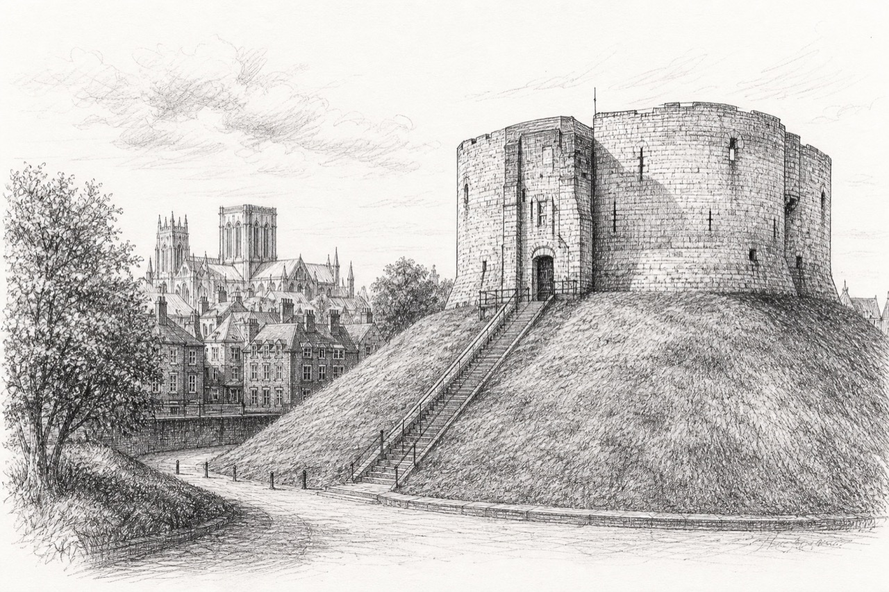 Hand-drawn pencil travel sketch for York, United Kingdom