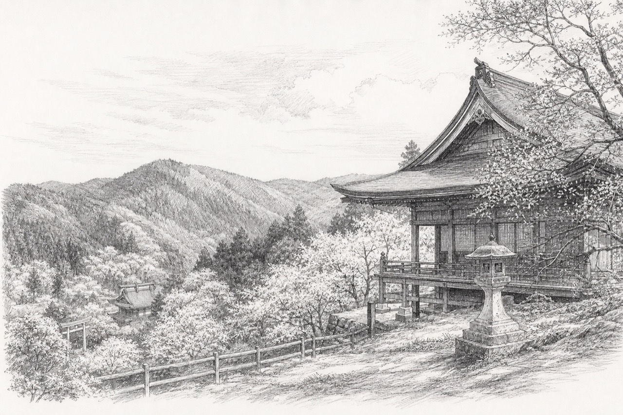 Hand-drawn pencil travel sketch for Yoshino, Japan