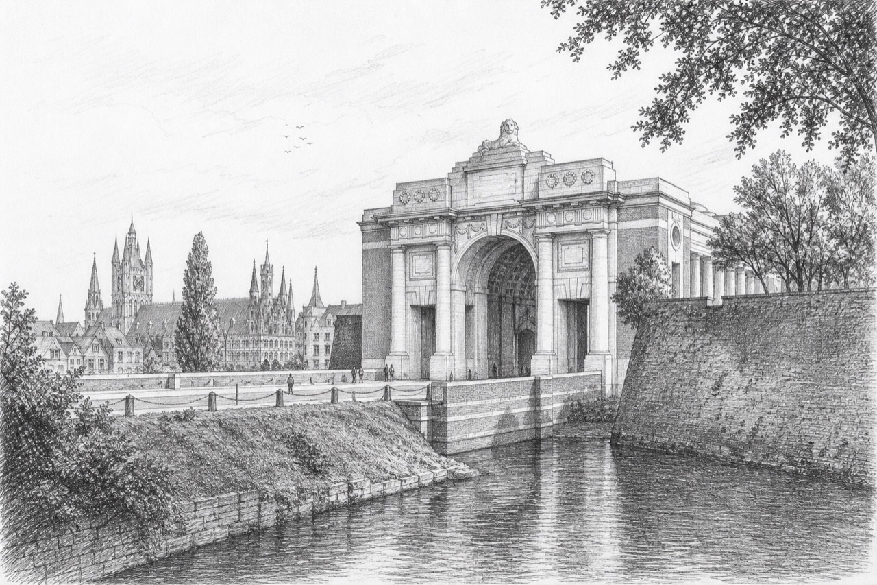 Hand-drawn pencil travel sketch for Ypres, Belgium