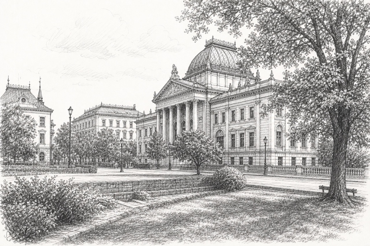 Hand-drawn pencil travel sketch for Zagreb, Croatia