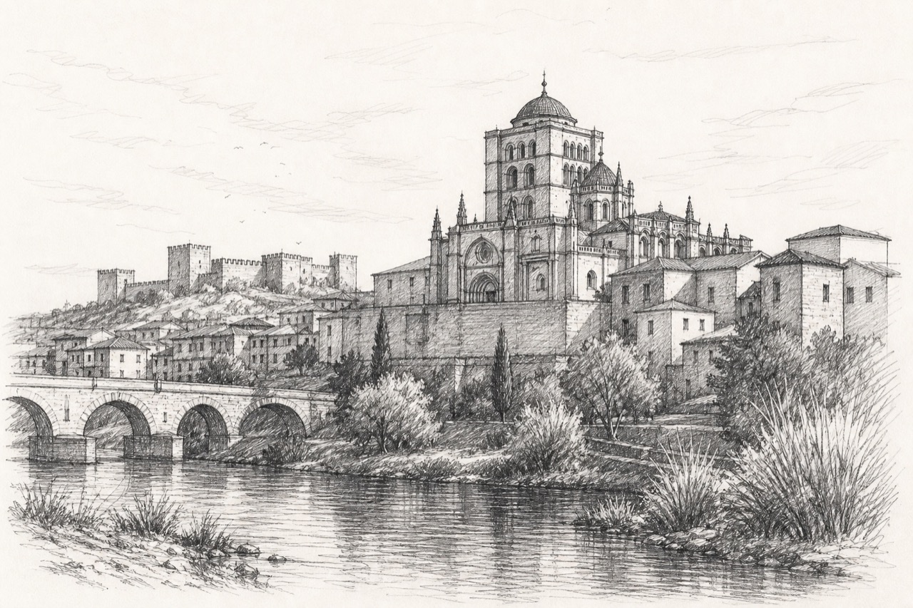 Hand-drawn pencil travel sketch for Zamora, Spain