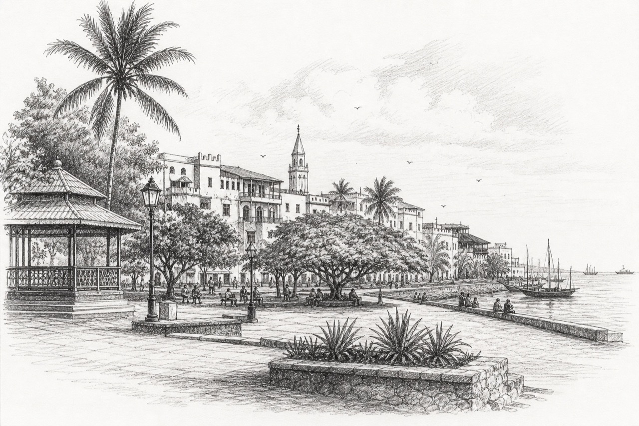 Hand-drawn pencil travel sketch for Zanzibar City, Tanzania