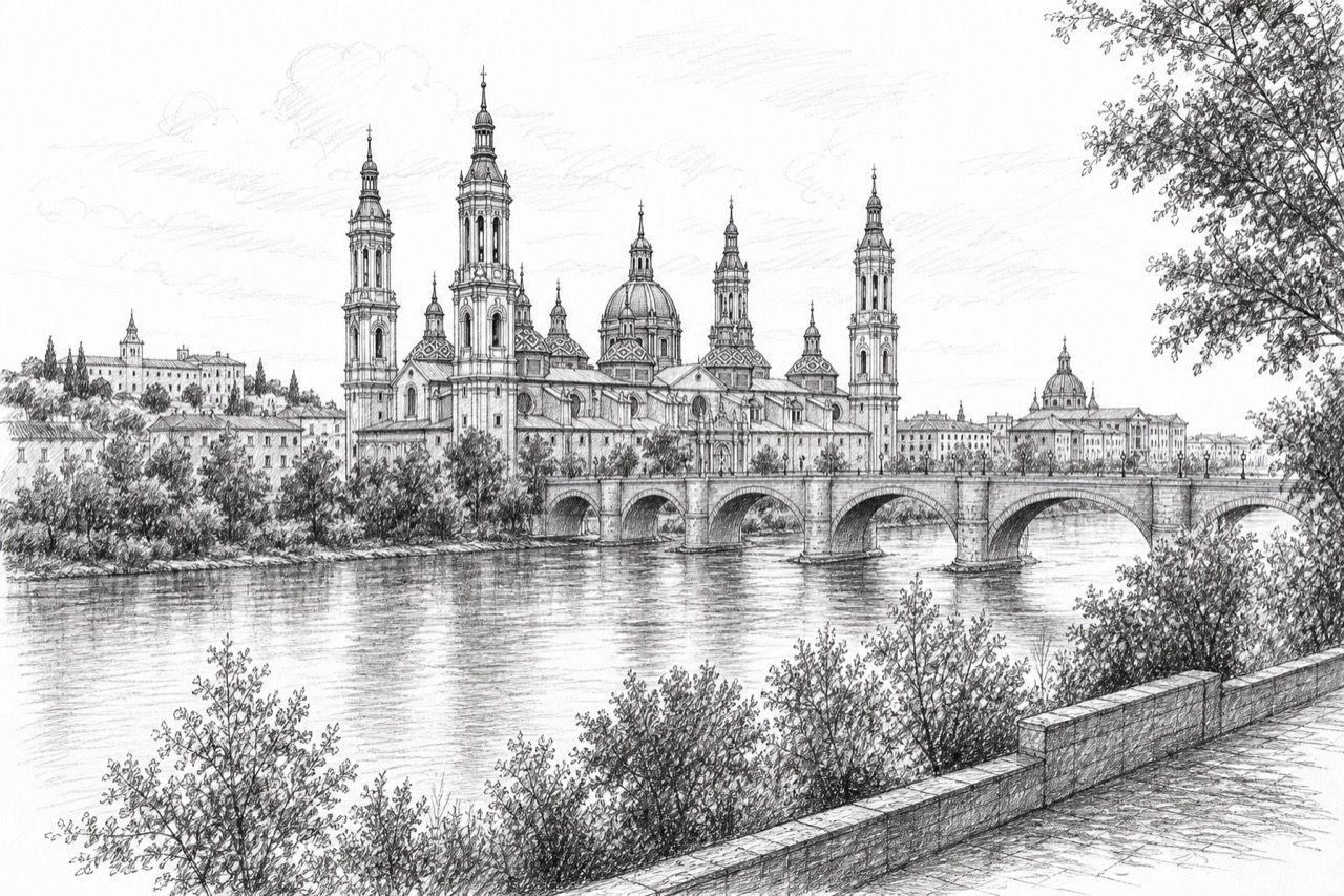 Hand-drawn pencil travel sketch for Zaragoza, Spain