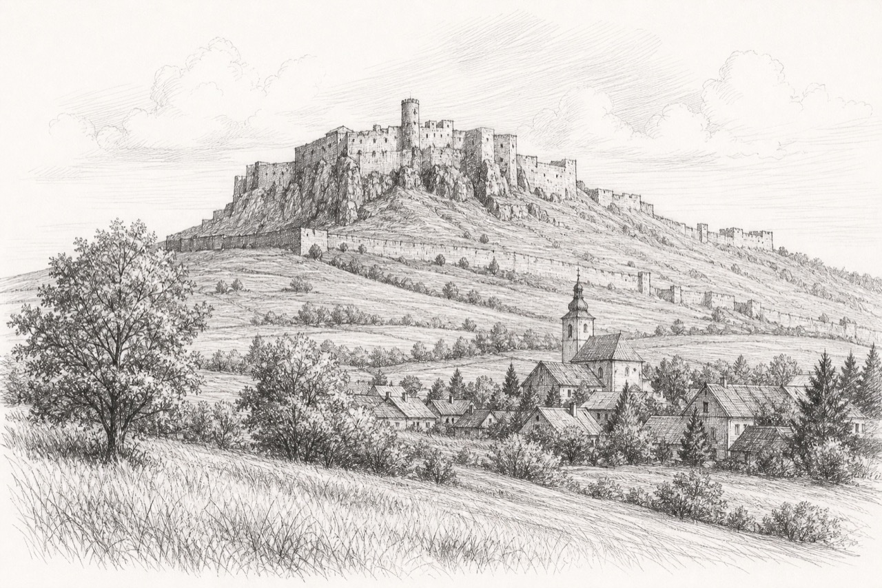 Hand-drawn pencil travel sketch for Žehra, Slovakia