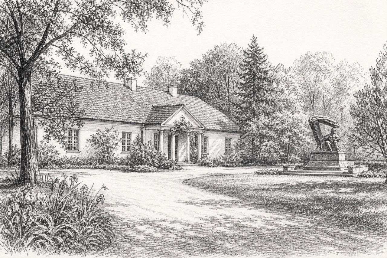 Hand-drawn pencil travel sketch for Żelazowa Wola, Poland