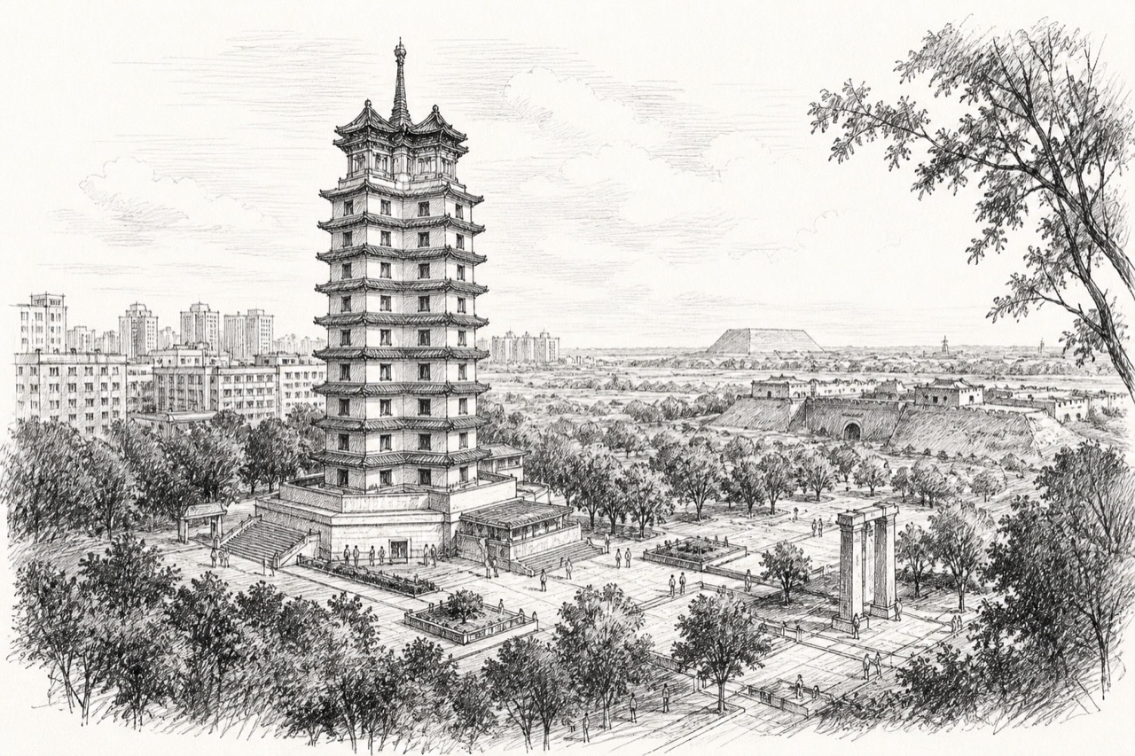 Hand-drawn pencil travel sketch for Zhengzhou, People's Republic of China