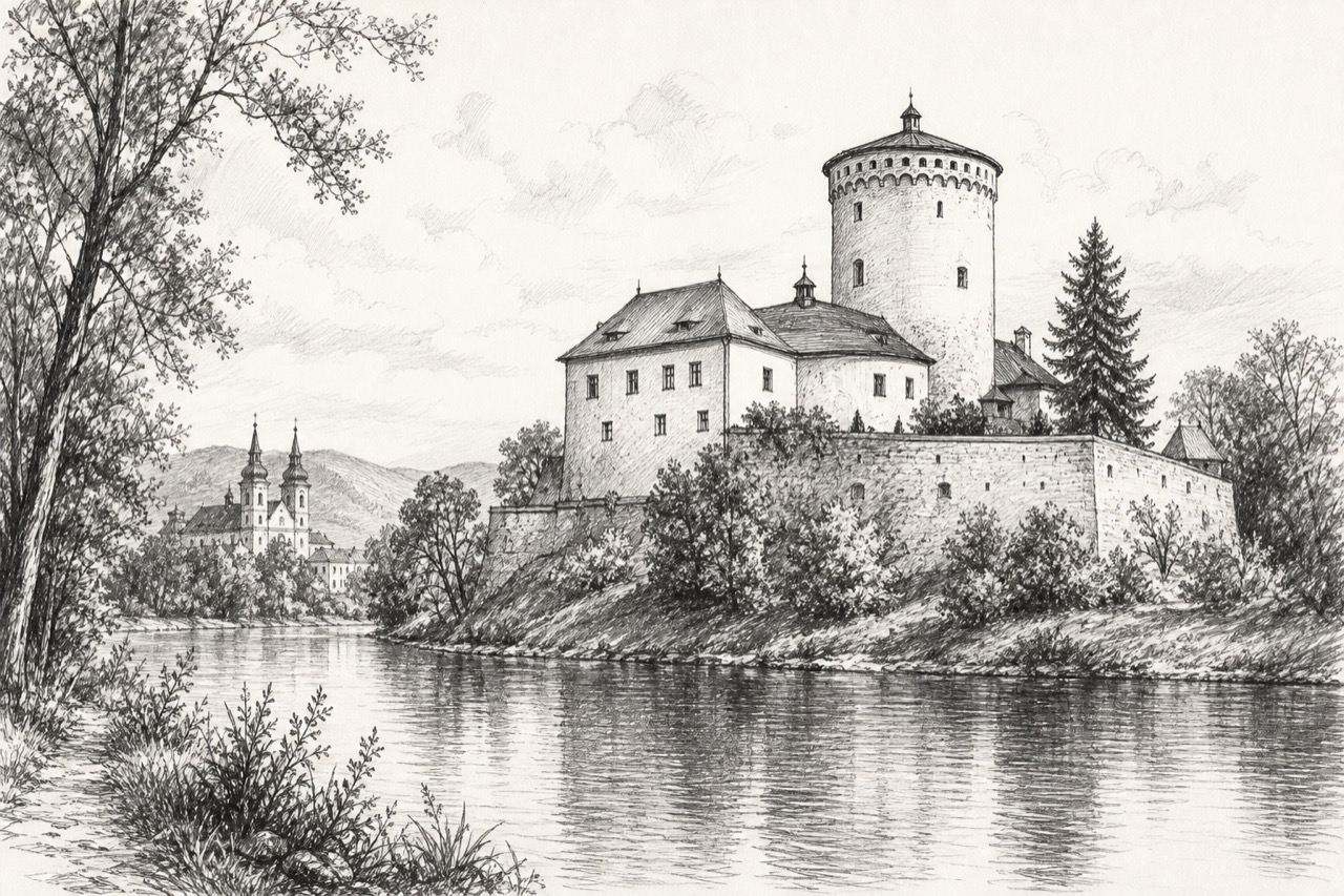 Hand-drawn pencil travel sketch for Žilina, Slovakia