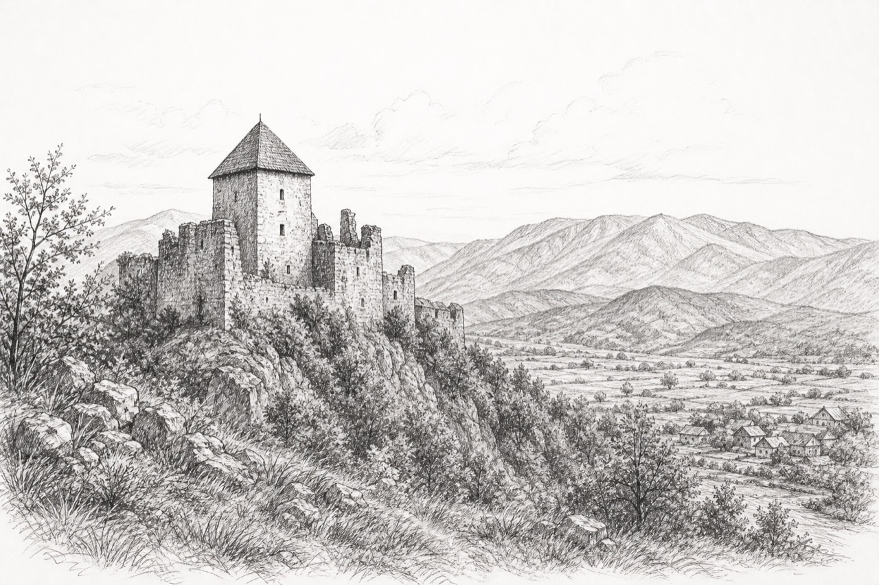 Hand-drawn pencil travel sketch for Zrin, Croatia
