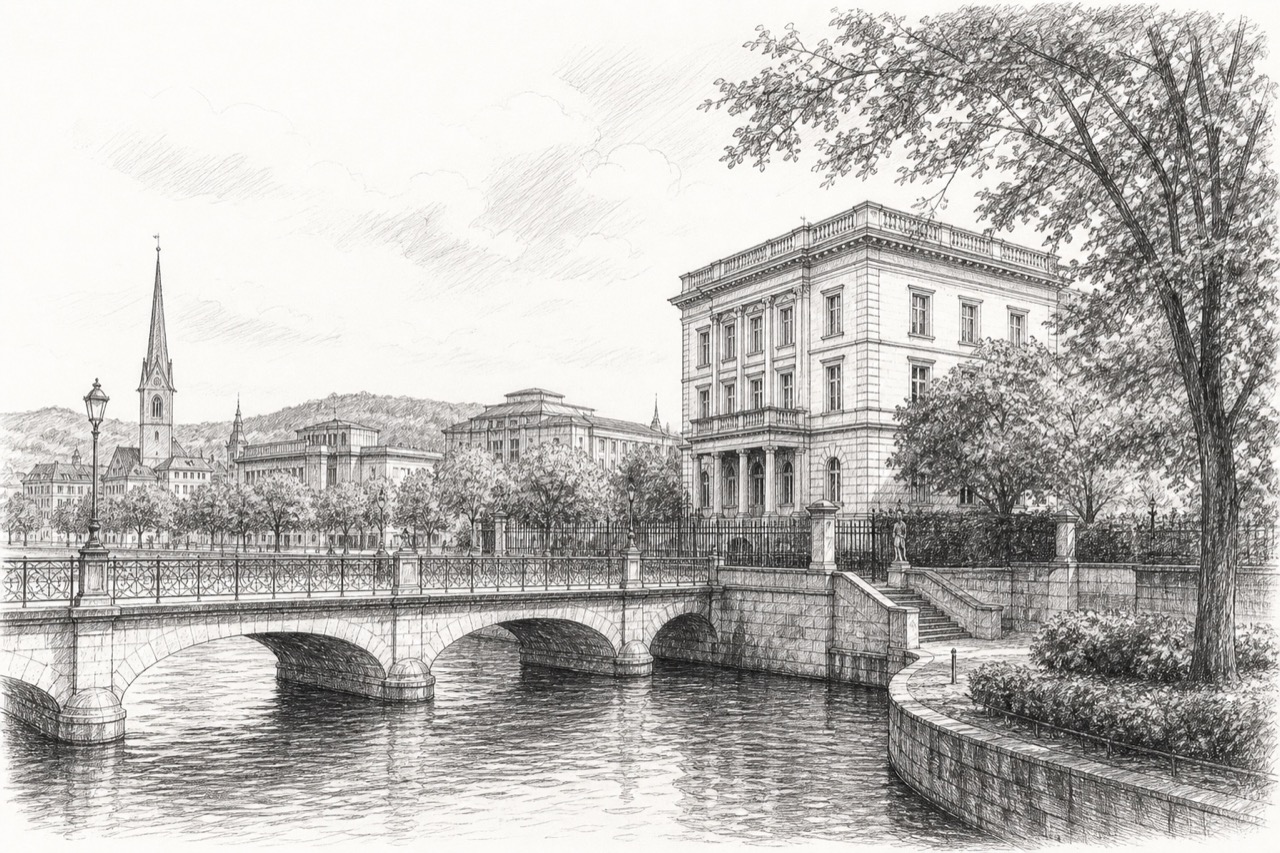 Hand-drawn pencil travel sketch for Zurich, Switzerland