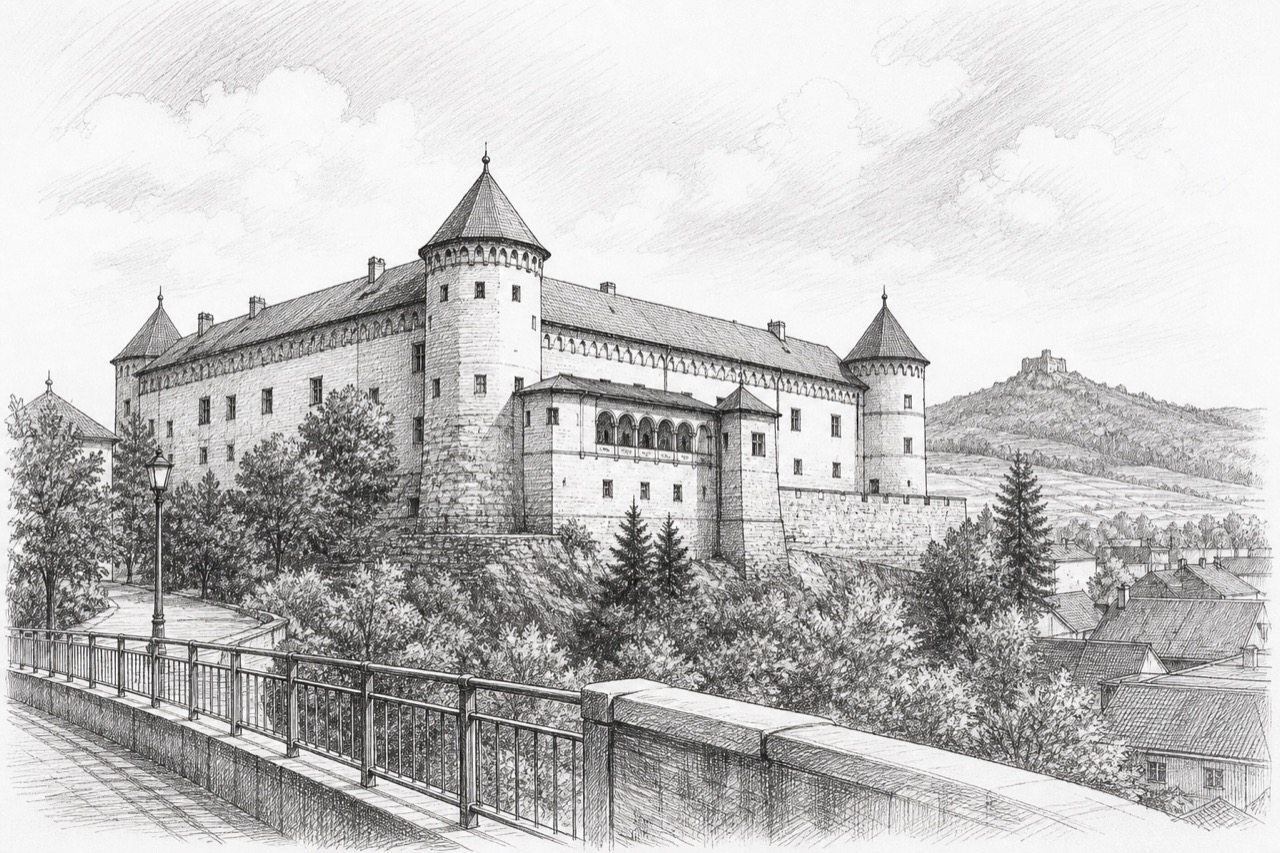 Hand-drawn pencil travel sketch for Zvolen, Slovakia