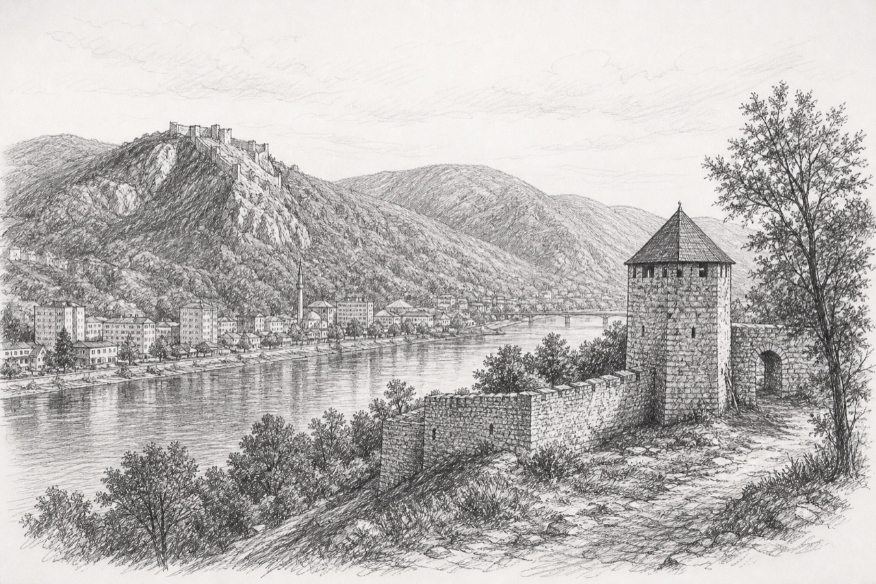Hand-drawn pencil travel sketch for Zvornik, Bosnia and Herzegovina