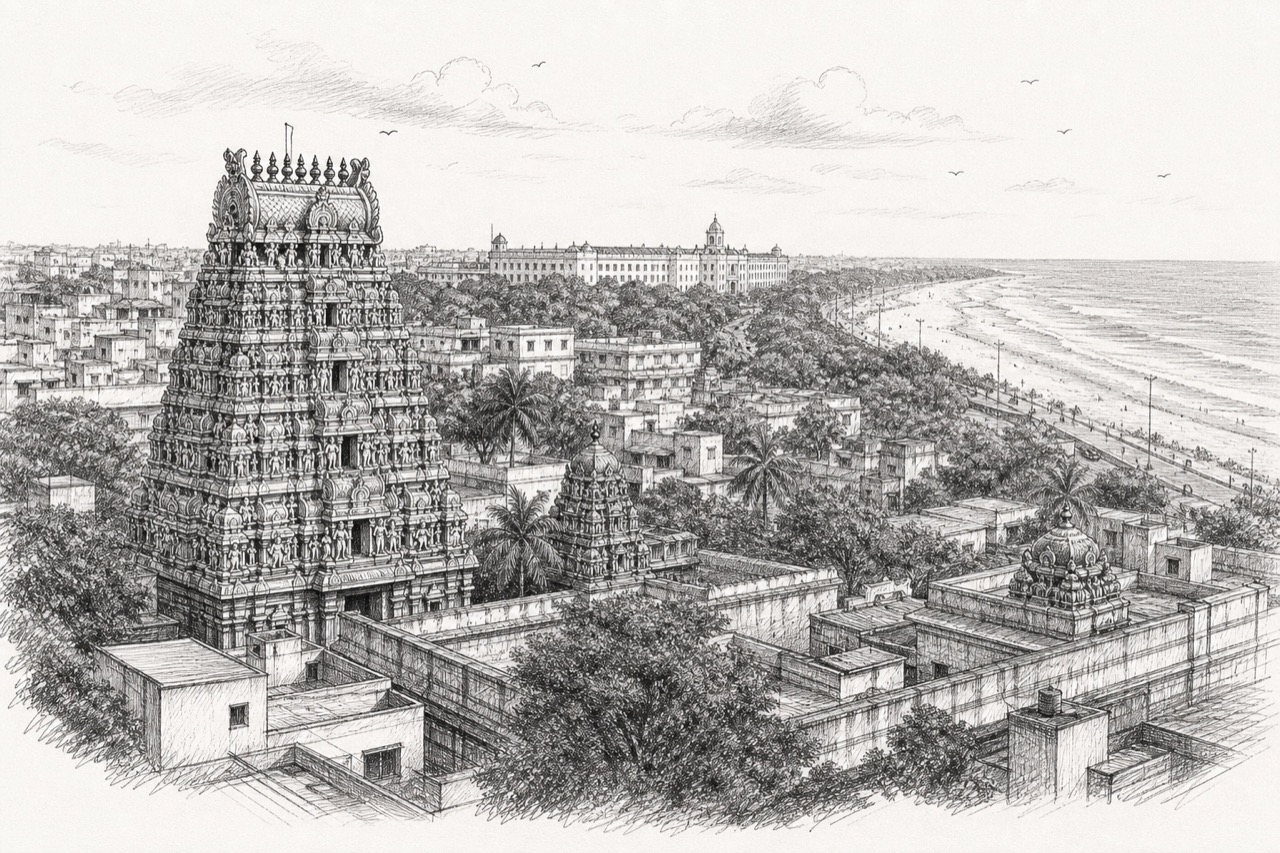 Hand-drawn pencil travel sketch for Chennai