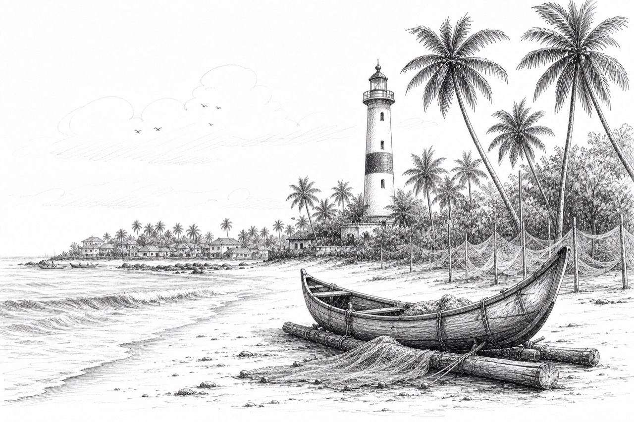 Hand-drawn travel sketch of Cherai and Vypin