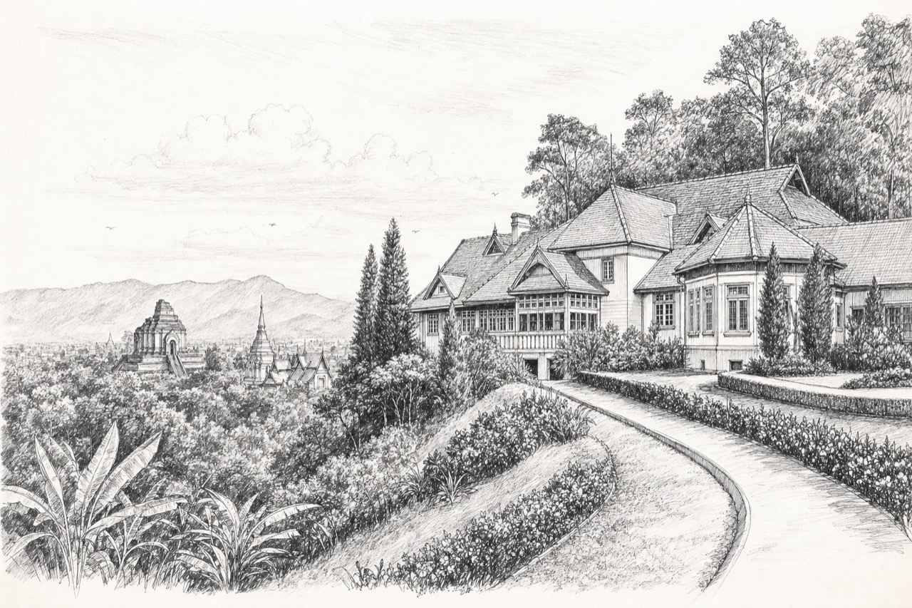 Hand-drawn pencil travel sketch for Chiang Mai, Thailand