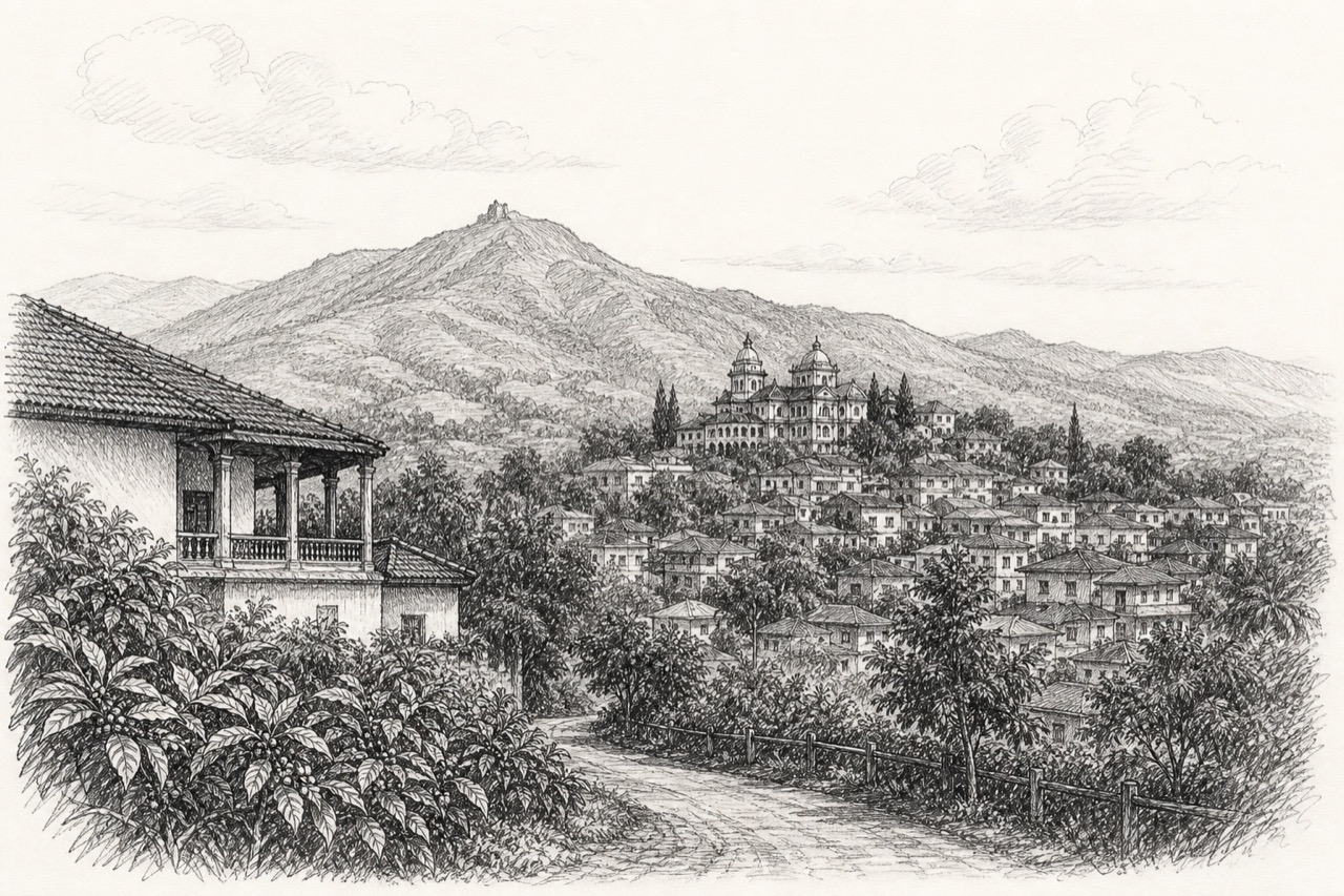 Hand-drawn pencil travel sketch for Chikkamagaluru