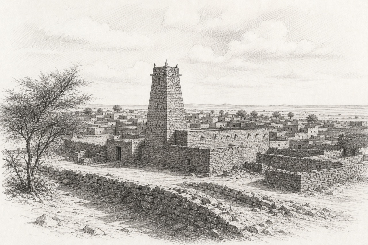 Hand-drawn pencil travel sketch for Chinguetti, Mauritania
