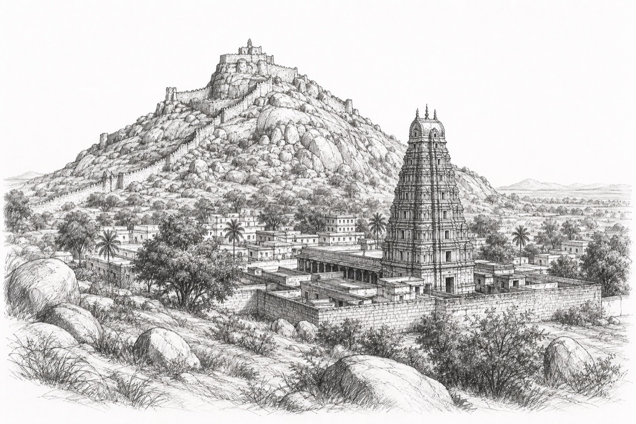 Hand-drawn pencil travel sketch for Chitradurga