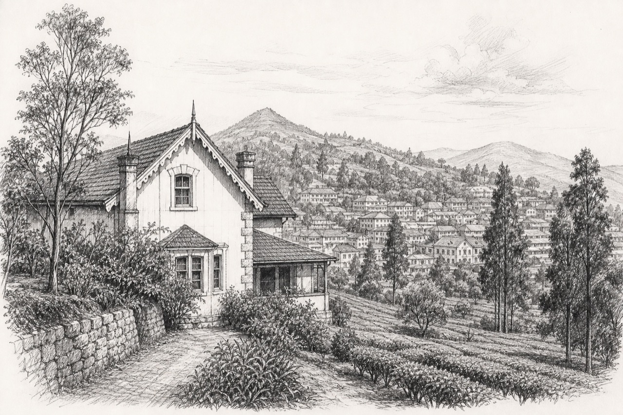 Hand-drawn pencil travel sketch for Coonoor
