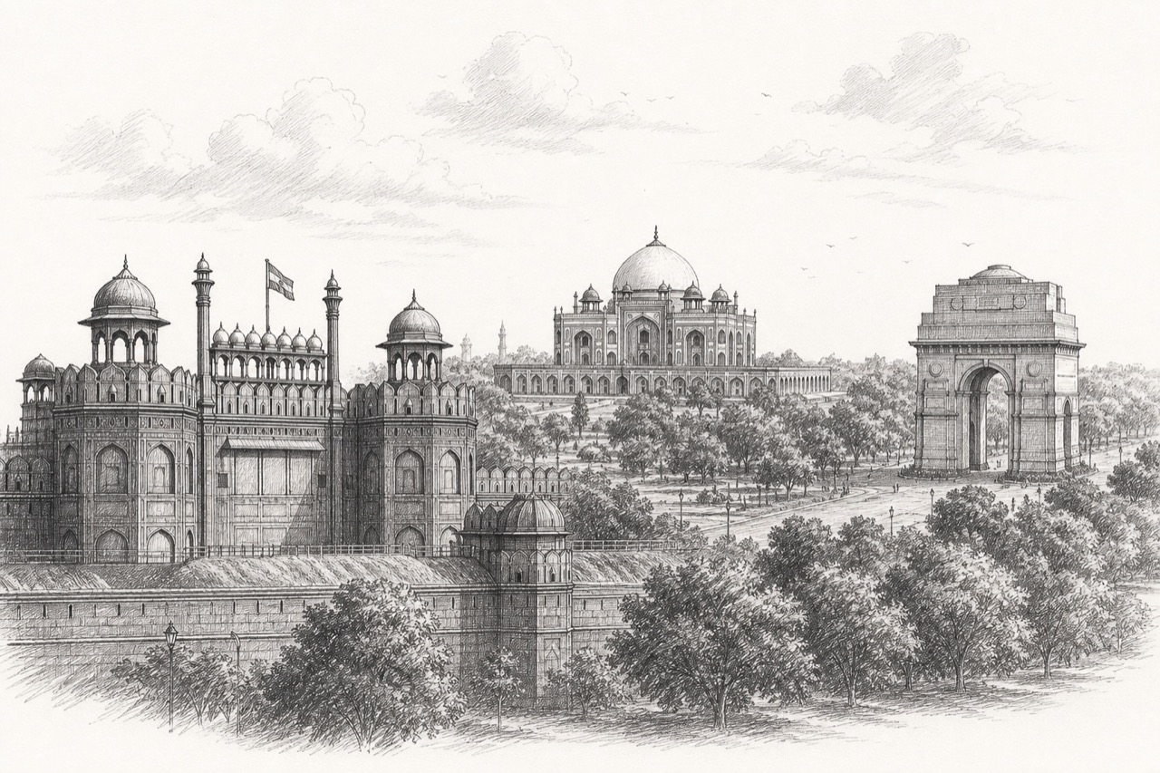 Hand-drawn pencil travel sketch for Delhi