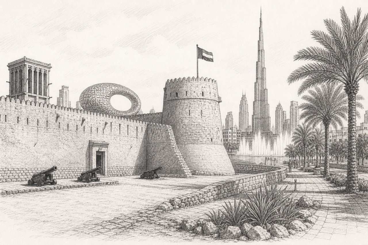 Hand-drawn pencil travel sketch for Dubai, United Arab Emirates