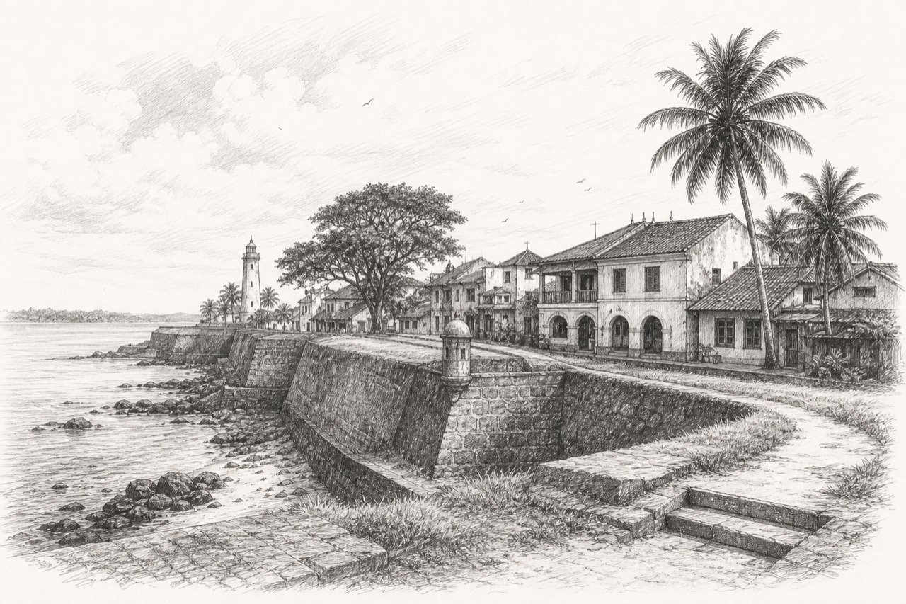 Hand-drawn pencil travel sketch for Galle, Sri Lanka
