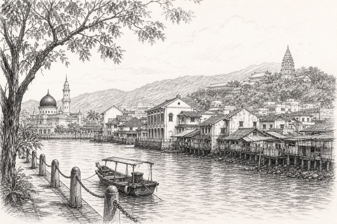 Hand-drawn pencil travel sketch for George Town, Malaysia