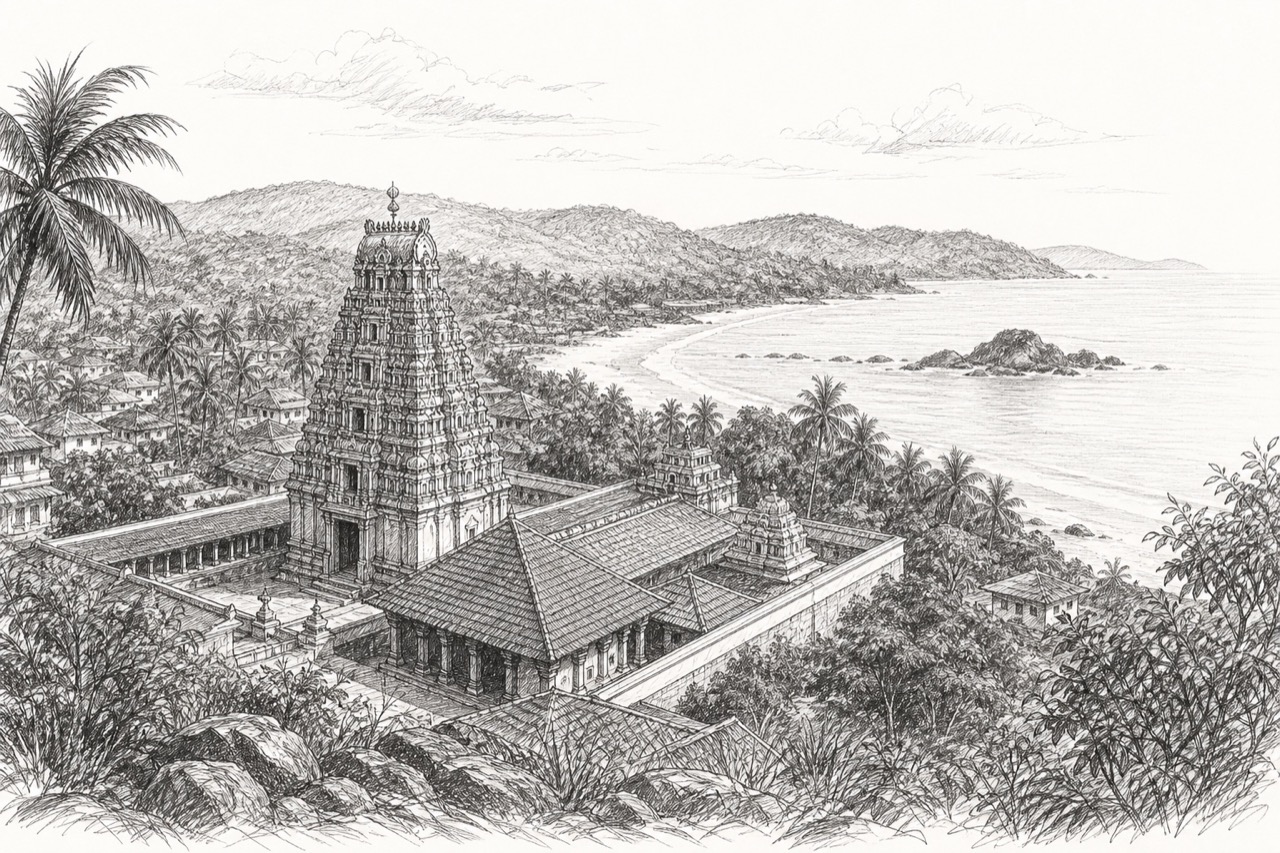 Hand-drawn pencil travel sketch for Gokarna