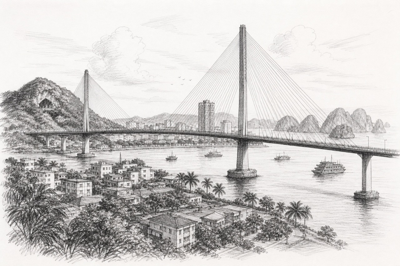 Hand-drawn pencil travel sketch for Hạ Long Bay, Vietnam