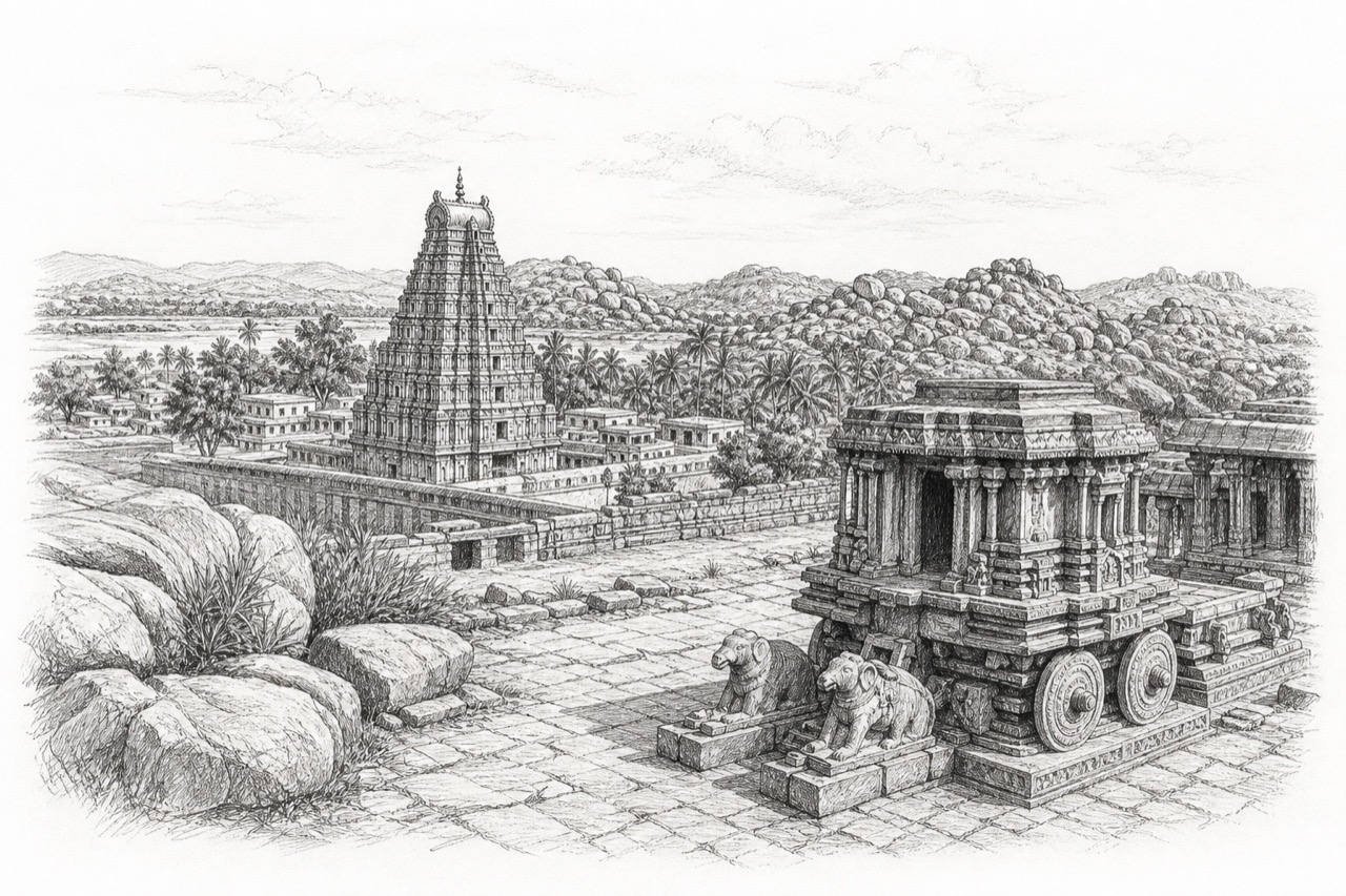 Hand-drawn pencil travel sketch for Hampi