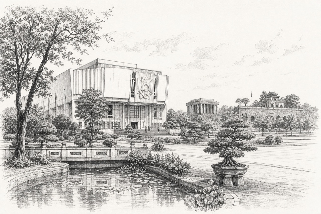 Hand-drawn pencil travel sketch for Hanoi, Vietnam