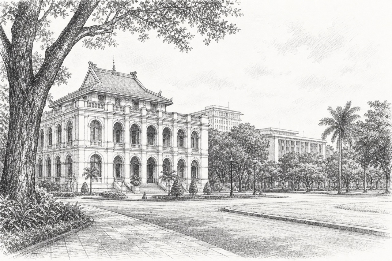 Hand-drawn pencil travel sketch for Ho Chi Minh City, Vietnam