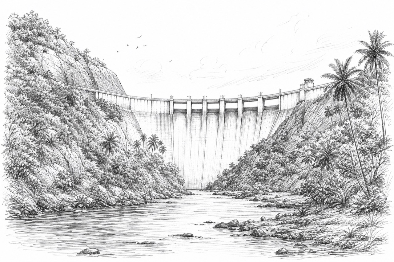 Hand-drawn travel sketch of Idukki and Thodupuzha