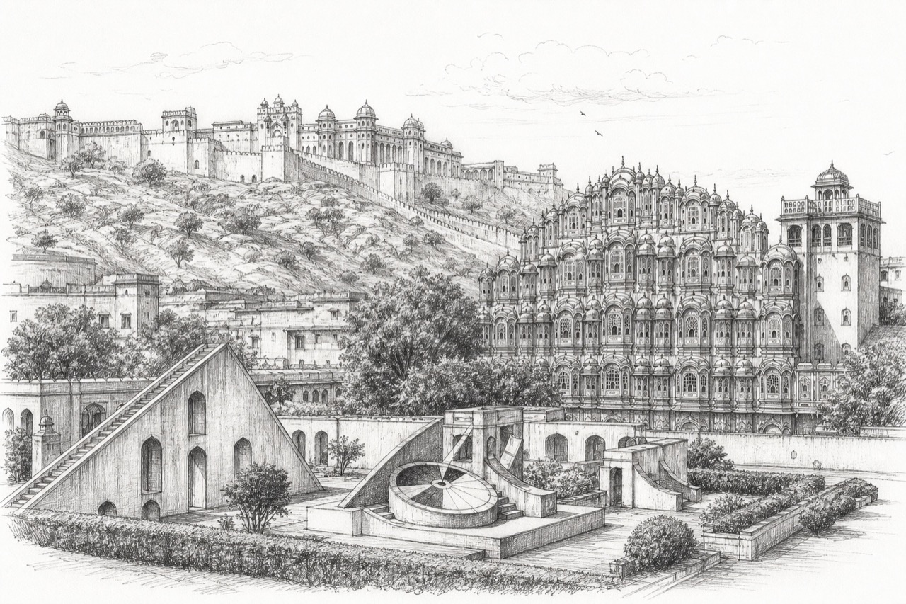 Hand-drawn pencil travel sketch for Jaipur