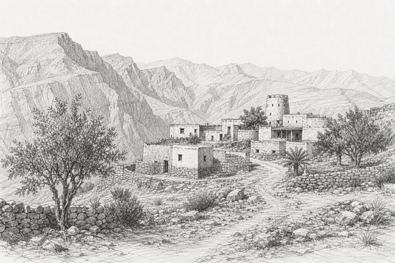Hand-drawn pencil travel sketch for Jebel Jais, United Arab Emirates